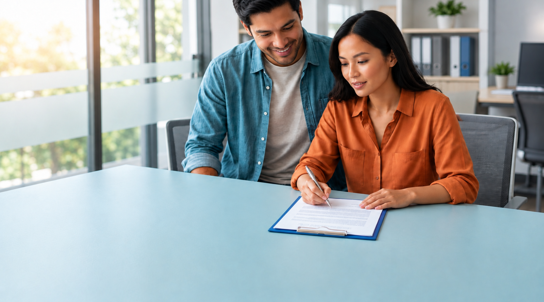 Couple signing insurances paper